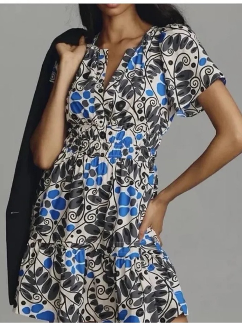 Anthropologie Blue Black Cream Floral Mini Dress
